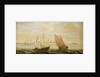A yacht and a small vessel underway off a Dutch harbour by Cornelisz Verbeecq