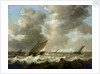 Fishing boats in a rough sea by Simon de Vlieger