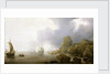 Ships becalmed on a rocky coast by Simon de Vlieger