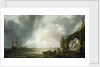 Dutch men-of-war off a craggy coast by Simon de Vlieger