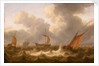 Fishing boats in a choppy sea by Cornelisz Leonardsz Stooter