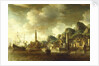 A Dutch flagship and a Fluyt running into a Mediterranean harbour by Johannes Beerstraaten