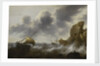 A fishing boat off a rocky coast in a storm with a wreck by Jacob Adriaensz Bellevois