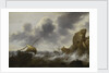 A fishing boat off a rocky coast in a storm with a wreck by Jacob Adriaensz Bellevois