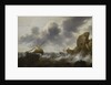 A fishing boat off a rocky coast in a storm with a wreck by Jacob Adriaensz Bellevois