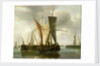 Dutch fishing boats becalmed near a jetty by Hendrik-Jacobsz Dubbels