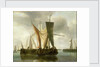 Dutch fishing boats becalmed near a jetty by Hendrik-Jacobsz Dubbels