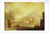 Ships at anchor off a mediterranean harbour by Pieter van den Velde