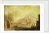 Ships at anchor off a mediterranean harbour by Pieter van den Velde