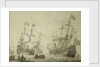 Two Dutch merchant ships under sail near the shore in a moderate breeze by Willem van de Velde the Elder