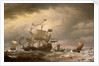 A Dutch flagship brought to in a fresh breeze by Willem Van de Velde the Younger