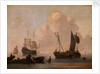 Dutch shipping with a raft near the shore by Willem Van de Velde the Younger