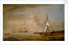 A fishing pink hauled up on the beach in a fresh breeze on the Dutch coast by Willem Van de Velde the Younger