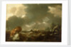 A Dutch merchant ship running between rocks in rough weather by Willem Van de Velde the Younger
