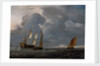 Two Dutch vessels and a flagship under sail in a harbour by Unknown