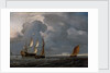 Two Dutch vessels and a flagship under sail in a harbour by Unknown