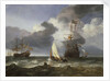 A smalschip with two Dutch East Indiamen coming to anchor by Hendrik-Jacobsz Dubbels