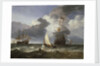 A smalschip with two Dutch East Indiamen coming to anchor by Hendrik-Jacobsz Dubbels