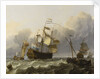 A Dutch flagship with a yacht under her stern by Ludolf Bakhuizen