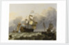 A Dutch flagship with a yacht under her stern by Ludolf Bakhuizen
