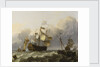 A Dutch flagship with a yacht under her stern by Ludolf Bakhuizen