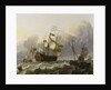 A Dutch flagship with a yacht under her stern by Ludolf Bakhuizen
