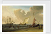 A fishing pink hauled up on the beach in a fresh breeze on the Dutch coast by Willem Van de Velde the Younger