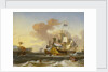A Dutch flagship and other vessels off a rocky coast by Hendrik Rietschoof
