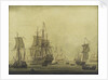 Calm: Dutch ships at anchor in a crowded harbour by Cornelis Bouwmeester