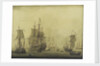 Calm: Dutch ships at anchor in a crowded harbour by Cornelis Bouwmeester