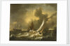 A fishing boat and other vessels in a squall by Hendrik Rietschoof