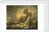 A fishing boat and other vessels in a squall by Hendrik Rietschoof