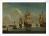 English warships at anchor in a calm, drying sails by Unknown