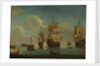 English warships at anchor in a calm, drying sails by Unknown