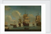English warships at anchor in a calm, drying sails by Unknown