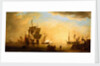 An English flagship and other vessels becalmed at sun down by Peter Monamy
