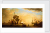 An English flagship and other vessels becalmed at sun down by Peter Monamy