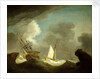 An Indiaman and a royal yacht in a storm off a rocky coast with a castle by Peter Monamy