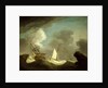 An Indiaman and a royal yacht in a storm off a rocky coast with a castle by Peter Monamy