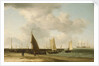 A beach scene with man-of-war in the distance by Charles Brooking