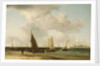 A beach scene with man-of-war in the distance by Charles Brooking