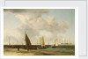 A beach scene with man-of-war in the distance by Charles Brooking