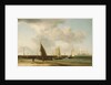 A beach scene with man-of-war in the distance by Charles Brooking