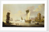 Fishing scene, with a yacht beached near the shore by Francis Swaine