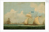 An American privateer schooner and other vessels near a harbour by Burton