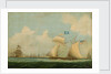 An American privateer schooner and other vessels near a harbour by Burton