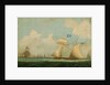 An American privateer schooner and other vessels near a harbour by Burton
