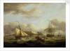 A cutter passing astern of a frigate by Thomas Luny
