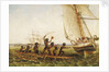 Aboriginal canoes communicating with Monarch and the Tom Tough, 28 August 1855 by John Thomas Baines