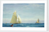 A large sloop yacht and a barge by John Fraser